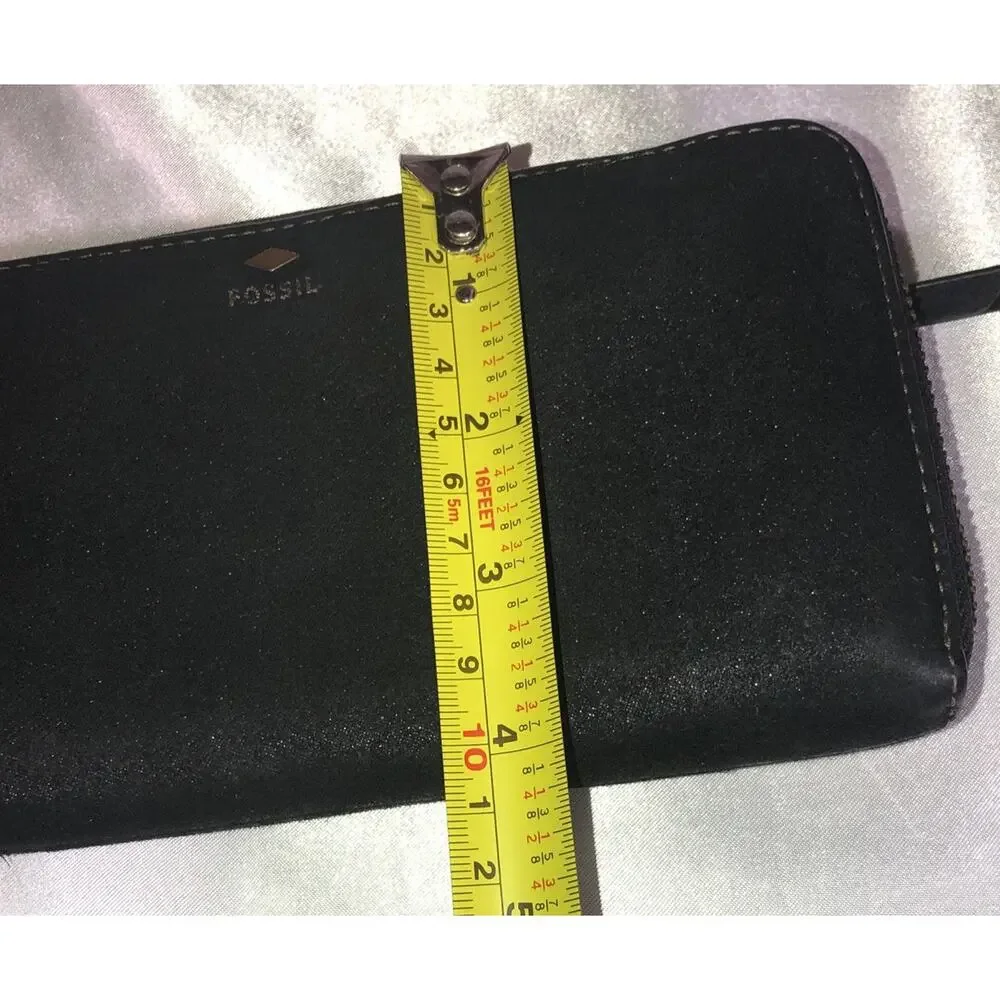 Fossil Wallet Cowhide Leather Zip Around Black 12 Credit Card Slots 7.5